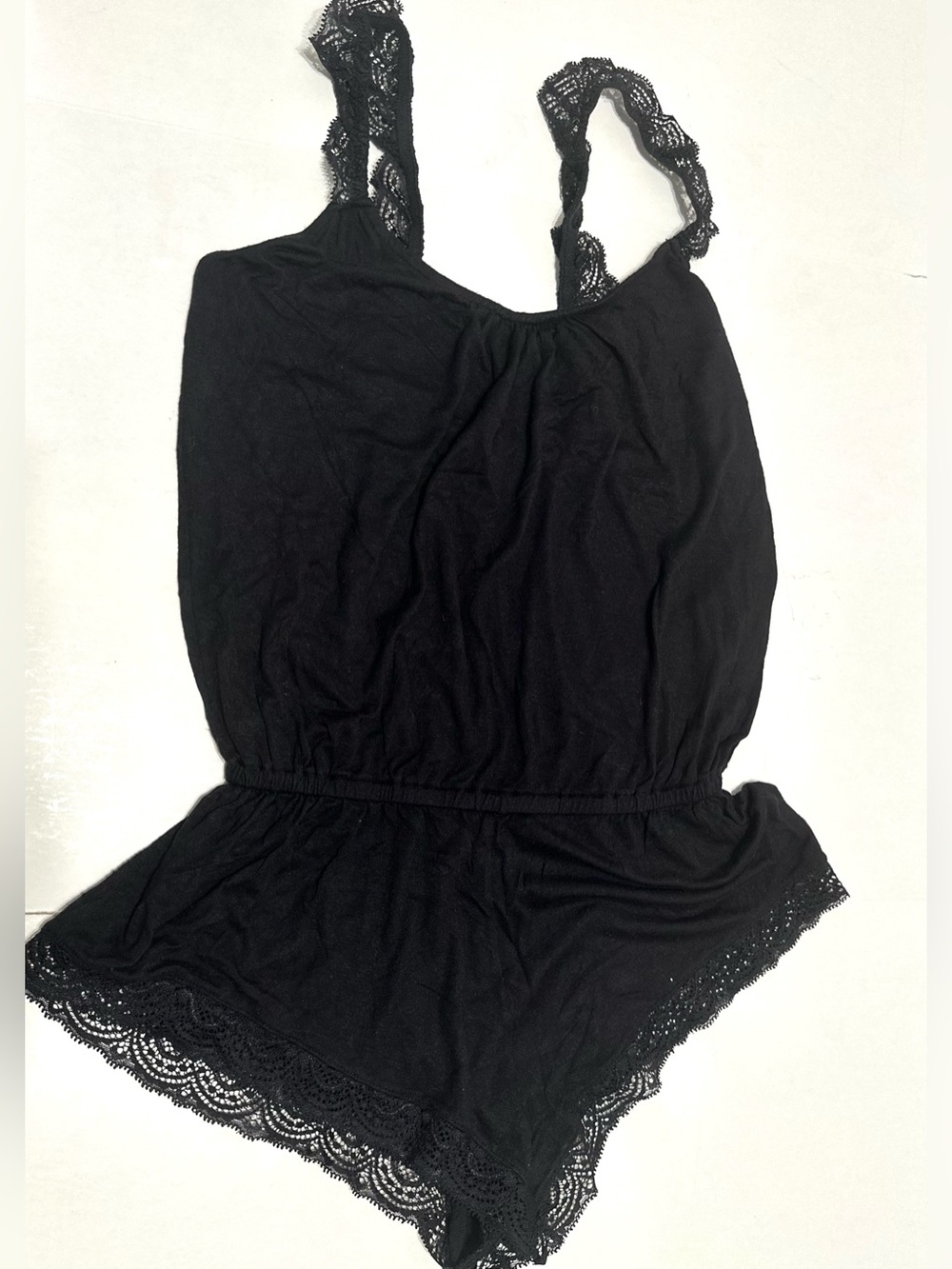 Elberjey Black Romper features lace trim and adjustable straps size S